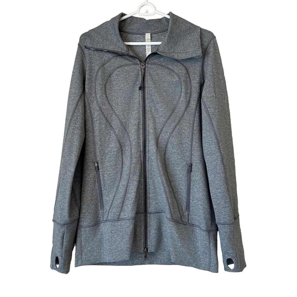 EUC Lululemon Athletica In-Stride Jacket Grey Thumbholes Zip Pockets Size 12